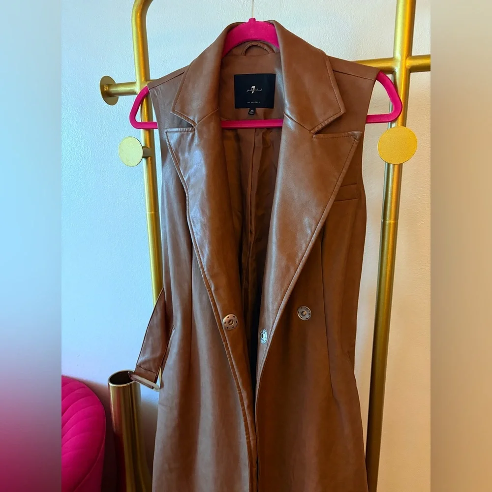 7 For All Mankind Sleeveless Faux-Leather Trench Vest/Jacket in Brown/Tan Color - Picture 8 of 13
